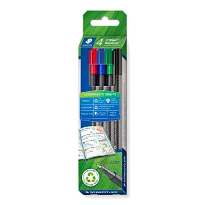 Abbildung von STAEDTLER dreikantiger Fineliner triplus, aus recyceltem Kunststoff, superfeine, metallgefasste 0,3 mm Spitze, lange Lebensdauer, 4 in sortierten Farben im Kartonetui, 334 RC4