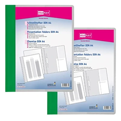 Abbildung von VELOFLEX A474104 Schnellhefter VELOFORM, 2 Stück, DIN A4, grün, PVC, glasklarer Vorderdeckel, passend für Prospekthüllen