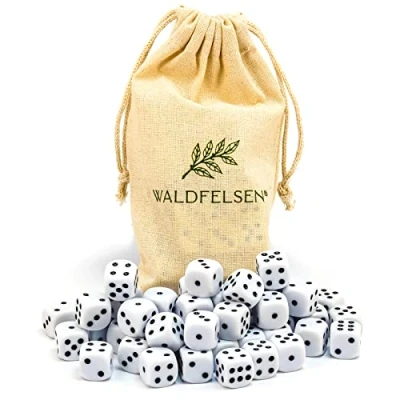 Abbildung von Waldfelsen 6, 12, 20, 30 oder 50 hochqualitative Würfel Standardgröße 16 mm Acrylwürfel Knobel Spielwürfel Dice 6 seitig sechsseitig Spielzubehör Set mit Stoffbeutel (Weiß, Stück)