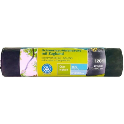 Abbildung von SECOLAN Müllbeutel, 10 Stück/Rolle Schwerlast Müllsäcke m. Zugband 120 Liter schwarz 45 µm
