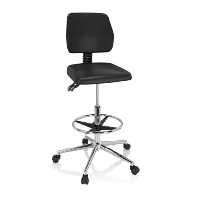 Abbildung von hjh OFFICE 830102 Arbeitsstuhl hoch TOP Work 11 I PU Hartschaum Schwarz Arbeitshocker mit Lehne, Rollen &amp; Gleiter
