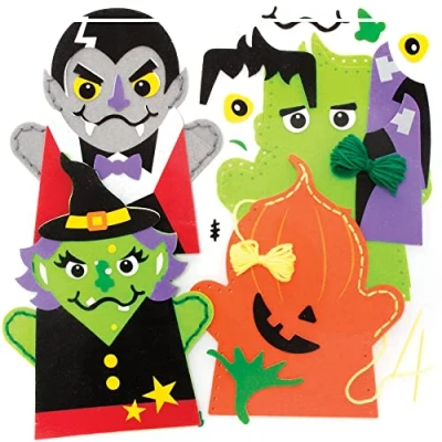 Abbildung von Baker Ross FE742 Halloween Handpuppen Nähsets für Kinder 4er Pack, Puppen Bastelset zum Nähen Kinder, Bastelsets, Party Aktivitäten