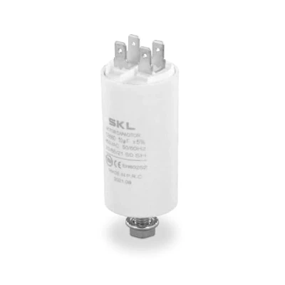 Abbildung von DEKAROX Universal Kondensator 10µF 450V Ø30x57mm mit 6.3mm AMP Steckfahnen Befestigungsschraube M8 CBB60 Motorstart und Laufkondensator für elektrische Haushaltsgeräte