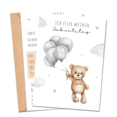 Abbildung von MeinBaby123® Einladungskarten 10 Kindergeburtstag,  Bär V1