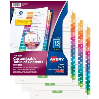 Abbildung von Avery 15 Registerkarten für 3 Ringbinder, anpassbares Inhaltsverzeichnis, mehrfarbige Register, Sets (11074)