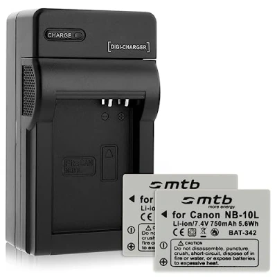 Abbildung von 2 Akkus + Ladegerät (KFZ, Netz) für Canon NB 10L / PowerShot G15, G16, G1X, SX40 HS, SX50 HS...