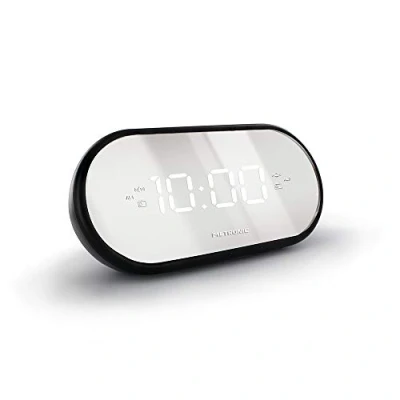 Abbildung von Metronic 477037 FM Radiowecker, Spiegel, Doppelalarm, mit Sleep/Snooze Funktion, einstellbare Helligkeit, progressiver Klingelton und Batterien, Schwarz