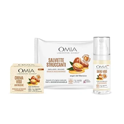 Abbildung von Omia Gesichtspflege Set mit feuchtigkeitsspendender Gesichtscreme, Gesichtsserum und Gesichtstücher Argan aus Marokko für trockene Haut, Anti Falten Behandlungsset