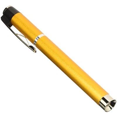 Abbildung von Gima Professionelle Stiftleuchte Omega, LED, Diagnostikleuchte, aus Metall, Goldfarbe, in Etui geliefert, Ein/Aus Schalten durch Taschenclip