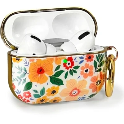 Abbildung von MyGadget Hardcase Hülle [ Blumen Motiv ] kompatibel mit Apple AirPods Pro (1.Gen 2019) Qi Karabiner LED Licht sichtbar Bunt