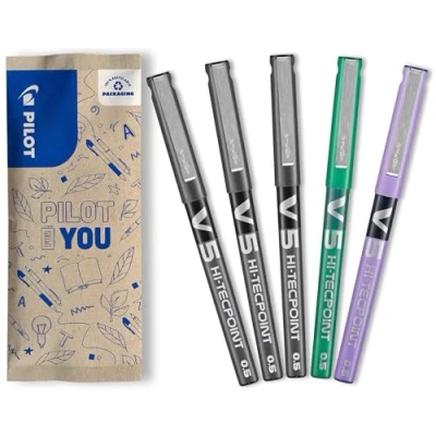 Abbildung von PILOT 5er Set Hi Tecpoint V5 Tintenroller Flüssigtinte und feiner Spitze für ein flüssiges, präzises Schriftbild Schnell trocknend, nicht tropfend 2xSchwarz + 1xGrun/Lila Feine 0,5mm