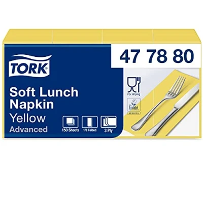 Abbildung von Tork 477880 Soft Lunchservietten Gelb 1/8 Falz / 3 lagige, vorgefaltete Servietten für kleine Gerichte oder Snacks Advanced Qualität 10 x 150 (1500) Papierservietten 32,6 33 cm (B L)