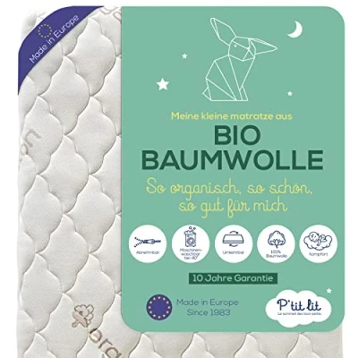 Abbildung von P&#039;tit Lit Babymatratze aus Bio Baumwolle 70x140 cm 100 % Baumwolle: Natürliches Material pflanzlichen Ursprungs Ohne chemische Behandlung Abnehmbar OekoTex® Dicke bis zu 10