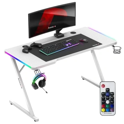 Abbildung von huzaro Hero 2.5 RGB Beleuchtung LED PC Tisch Gaming Schreibtisch Computertisch Getränkehalter Kopfhörerhalter USB Ladeanschluss Homeoffice Gamer Carbon Tischplatte 120x60cm Weiß