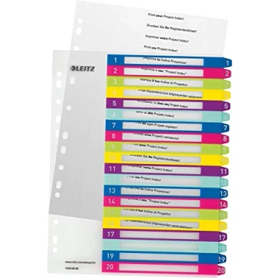 Abbildung von Leitz Register für A4, 6er Pack, PC beschriftbares Deckblatt und 20 Trennblätter, Taben mit Zahlenaufdruck 1 20, Überbreite, Mehrfarbig, Polypropylen, WOW, 12450000