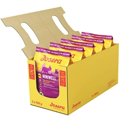 Abbildung von JOSERA Miniwell (5 x 900 g) Adult Mini Premium Trockenfutter für ausgewachsene Hunde Kleiner Rassen Geflügel &amp; Reis Kleine Kroketten extraverträglich weizenfrei Hundefutter 5er Pack