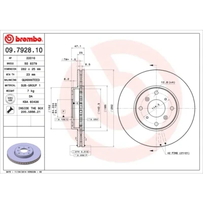Abbildung von BREMBO 09.7928.10 Bremsscheibe 282 25 4 innenbelüftet mit Schrauben HONDA: Accord 6 Limousine, Coupe, Schrägheck