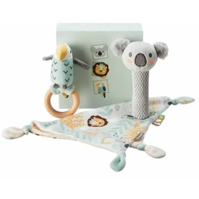 Abbildung von Nuby Animal Adventures Baby Geschenkset 3 teiliges Andenken Set Geburtsgeschenk Schmusetuch, Quietscher und Rassel Inklusive Geschenkverpackung Geeignet ab der Geburt