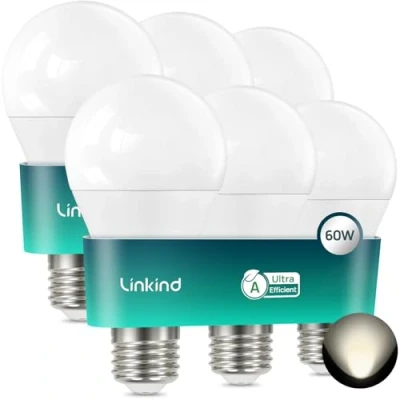 Abbildung von Linkind Ultraeffiziente E27 Lampe Matt, 3,8W=60W, 4000K Neutralweiß mit Energie Klasse A, Nicht Dimmbar A60 Edison 806 Lm 200 Winkel, Energiesparend LED Leuchtmittel, 6 Stück