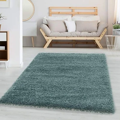 Abbildung von Carpetsale24 Shaggy Hochflor Teppich Wohnzimmer 250x350 (240x340 cm) Aqua Blau Modern Flauschiger Extra Weich, Pflegeleicht und Einfarbig für Schlafzimmer, Esszimmer Küche