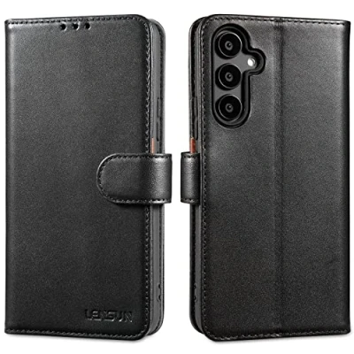 Abbildung von LENSUN Echtleder Hülle für Samsung Galaxy A54, Handyhülle [Echtes Leder] [Magnetverschluss] Handytasche Flip Lederhülle Klapphülle A54 5G Schwarz