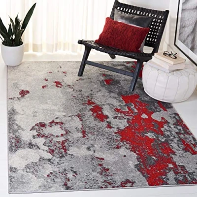 Abbildung von SAFAVIEH Abstrakt Teppich für Wohnzimmer, Esszimmer, Schlafzimmer Adirondack Collection, Kurzer Flor, Rot und Grau, 122 X 183 cm