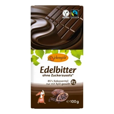 Abbildung von Birkengold Edelbitter Schokolade 100g ohne Zuckerzusatz 85% Kakaoanteil nur mit europäischem Xylit gesüßt Fairtrade vegan vegane Zucker