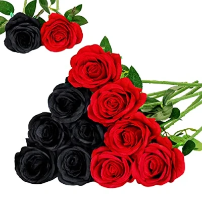 Abbildung von Floralsecret 12 Stück künstliche Seide Rosen Blumenstrauß Faux Flowers Home Hochzeitsfeier Dekor(Schwarz, Rot)