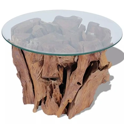 Abbildung von Festnight Couchtisch Rund 60cm Glas Tischplatte und Teakholz Tischfuss Beistelltisch Kaffeetisch Wohnzimmertisch
