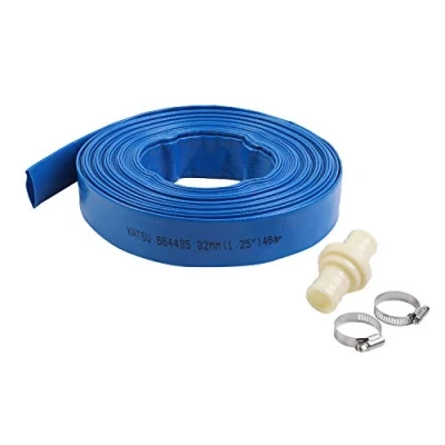 Abbildung von KATSU Flachschlauch Ablaufschlauch 20 m x 32 mm, mit 2 Clips und Schnellkupplungsanschluss, Passend für Tauch andere Wasserpumpen zum Entleeren von Teichen, Gartenbewässerung, Blau 664435