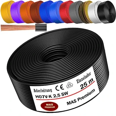 Abbildung von MAS Premium Von 5 bis 100m Aderleitung H07 V K 2,5 mm² SW, HBL, GNGE, RT, DBL, BR, OR, GR, WS, VIO oder GE Einzelader flexibel (Schwarz, 25m)