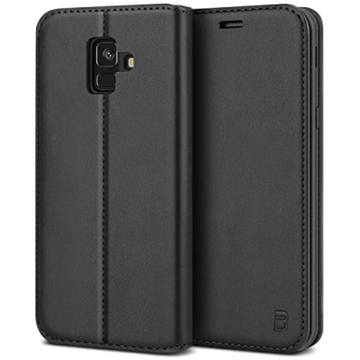 Abbildung von BEZ Handyhülle für Samsung A6 Hülle Kompatibel Galaxy 2018 Tasche, Case Schutzhüllen aus Klappetui mit Kreditkartenhaltern, Ständer, Magnetverschluss, Schwarz