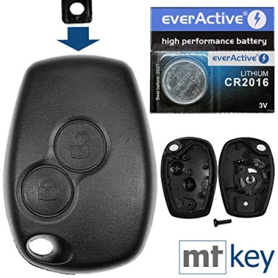 Abbildung von mt key Auto Schlüssel Reparatur Ersatz Gehäuse 2 Tasten + 1x passende CR2016 Knopfzelle, (3 V), für Renault Twingo II Clio III Dacia DUSTER Funk Fernbedienung