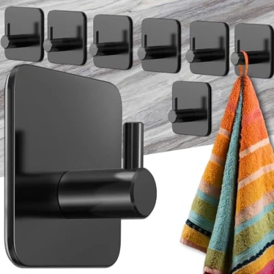 Abbildung von Menz Handtuchhalter ohne Bohren 8 Stück schwarze Badezimmer Handtuchhalter, Edelstahl Klebehaken, funktionale Haken, Haken selbstklebend, Handtuchhaken für Bad, Küche, mit wasserfesten Klebepads
