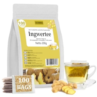 Abbildung von ULTHMOK Premium Ingwer Tee 100% Reine Ingwerwurzel, 100 Teebeutel, Keine Zusatzstoffe &amp; Koffeinfrei