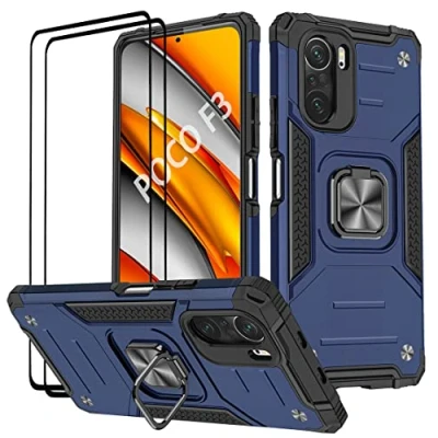 Abbildung von KANSi Hülle kompatibel für Xiaomi Poco F3 ｜ Mi 11i, Schutzfolie [2 Stück] Silikon TPU Hart PC Handy Hüllen 360 Grad Drehbar Ringhalter Bumper Stoßdämpfung Schutzhülle Blau
