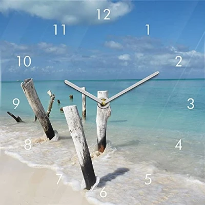 Abbildung von Levandeo® Wanduhr (Wanduhr Glas 20x20cm Meer Strand Urlaub Uhr Glasbild Insel Wandbild)