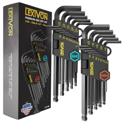 Abbildung von LEXIVON Inbusschlüssel Sets, 26 teilig, Premium metrische und SAE Sechskantschlüssel, L förmiges, langarmiges Kugelend Design, S2 Legierungsstahl in Industriequalität (LX 132)
