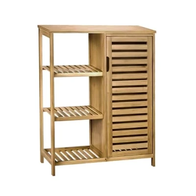 Abbildung von AD.CON Badezimmerschrank Bambus Badregal mit 3 Ablagen und 1 Schranktür 87x66x33cm