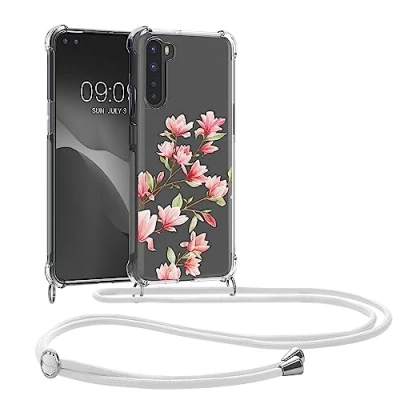 Abbildung von kwmobile Necklace Case kompatibel mit OnePlus Nord Hülle Silikon Cover Handykette Rosa Weiß Transparent Magnolien