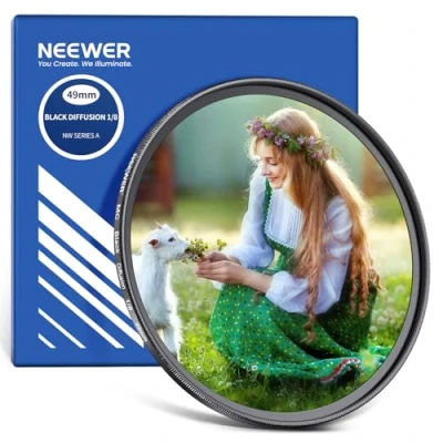 Abbildung von Neewer 49 mm schwarzer Diffusionsfilter, 1/8 Zoll, weich, verträumt, Kinoeffektfilter, ultradünn, wasserabweisend, Kratzfest, optisches Glas, mehrere Nano Beschichtungen für