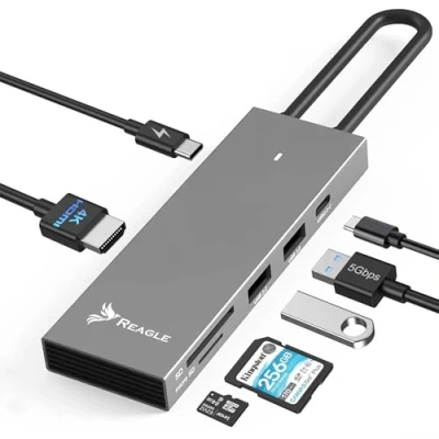 Abbildung von Reagle 7 in 1 USB C Hub mit 100W Power Delivery, 4K HDMI 60Hz, 144Hz Unterstützung, 3.2, Kartenleser für SD/microSD, Aluminiumgehäuse Ideal Laptops &amp; Mobilgeräte M1, M2