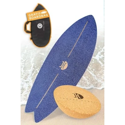 Abbildung von JUCKER HAWAII Surf Balanceboard Ocean Rocker Blue Balance Board mit einmaligem Shape aus Holz Korkhalbkugel