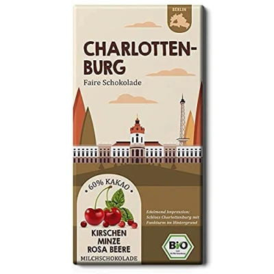 Abbildung von CHARLOTTENBURG Stadtteil Schokolade / Kirschen, Minze und Rosa Beere Bio Milchschokolade aus Fairtrade Kakao. (1 Tafel, 75g)