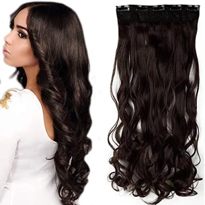 Abbildung von SEGO 43cm Haarteil Clip in Extensions 1 Tresse 5 Clips Haarverlängerung Human Hair wie Echthaar Gewellt Mittel braun 17&quot;(43cm) 120g