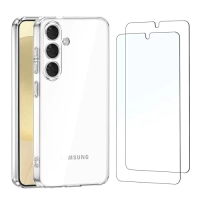 Abbildung von NEW&#039;C Hülle für Samsung Galaxy S24 5G Super Transparent Silikon Weiches TPU Gel und 2 x Panzer Schutz Glas Kratzfest