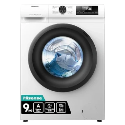 Abbildung von Hisense WF1Q9041BW Waschmaschine mit Dampffunktion / 9KG 1400 U/Min /15 Programme/Anti Allergie Programm/Baby Wäsche/AutoWash/QuickWash 15 min/Daunen/Eco 40 60 C/Power 49&#039; EEK: A/Weiß