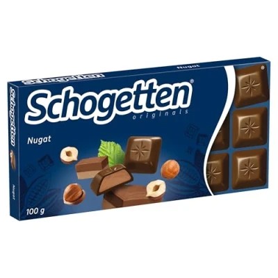 Abbildung von Schogetten Nugat 100g Schokoladentafel, praktisch einzeln portioniert. Ein Genuss. Stück für Stück.