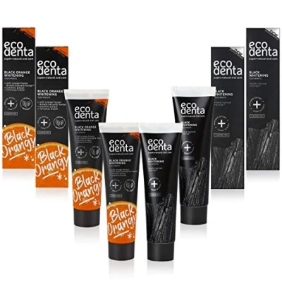 Abbildung von Ecodenta Aktivkohle Zahnpasta Weisse Zähne Ohne Fluorid 4 Pack I Schwarze Kohle Zahncreme Zahnaufhellung Black Activated Charcoal Teeth Whitening Toothpaste Orangengeschmack 4x100ml