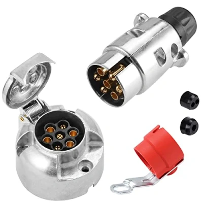 Abbildung von SPARKMOTO Anhänger Aluminiumgehäuse Stecker 7 Polig Steckdose Set,mit Rot Steckerhalter,Wasserdicht Metall Polige Für KFZ Wohnwagen AHK Adapter